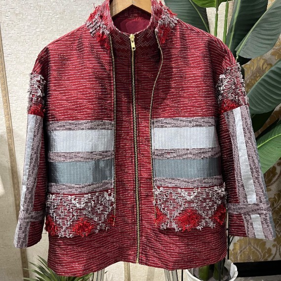 Silk Woven Jacket with Fringe Trim - Tenun Sutera