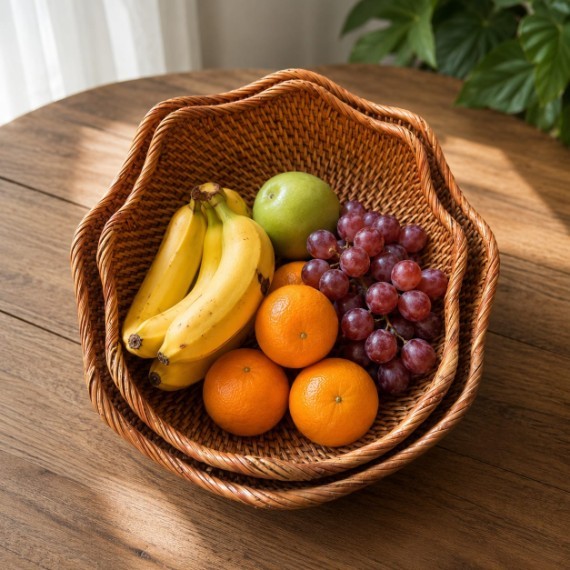 Rattan Oval Fruit Bowl Set 2 Brown
