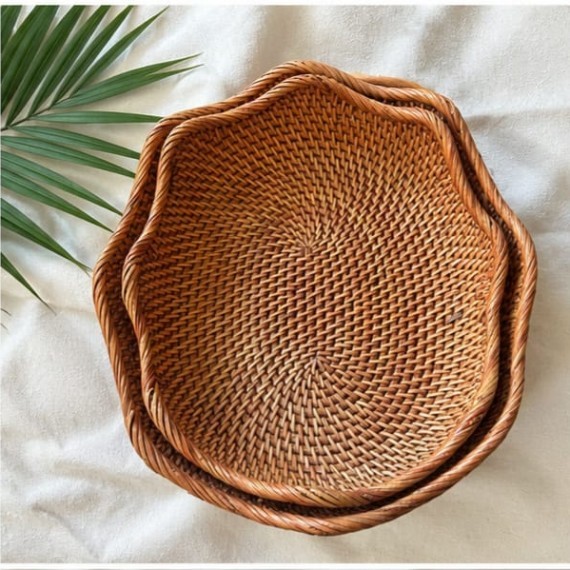 Rattan Oval Fruit Bowl Set 2 Brown