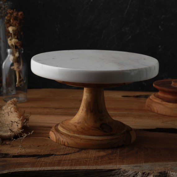 Marble Cake Stand with Solid Teak Wood Base