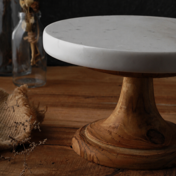 Marble Cake Stand with Solid Teak Wood Base