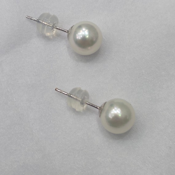 18k Gold White Sea Pearl Studs, Size 8-9 MM