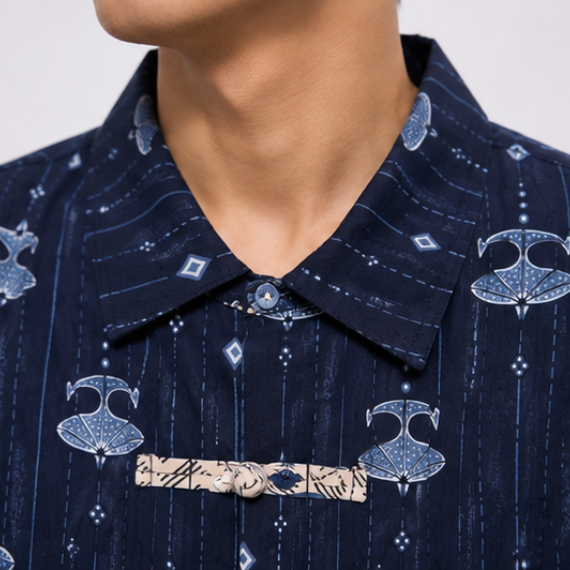Sadewa - Long Sleeved Shirt Premium Fusion Tang Suit - Kite motif - Navy
