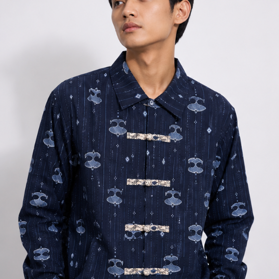 Sadewa - Long Sleeved Shirt Premium Fusion Tang Suit - Kite motif - Navy